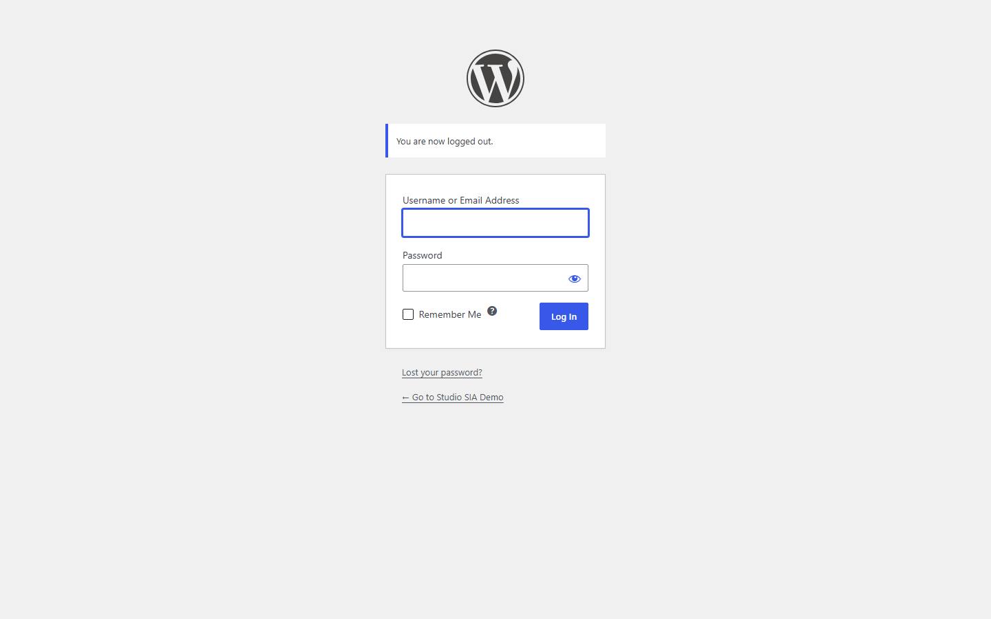 Οθόνη σύνδεσης WordPress του στούντιο